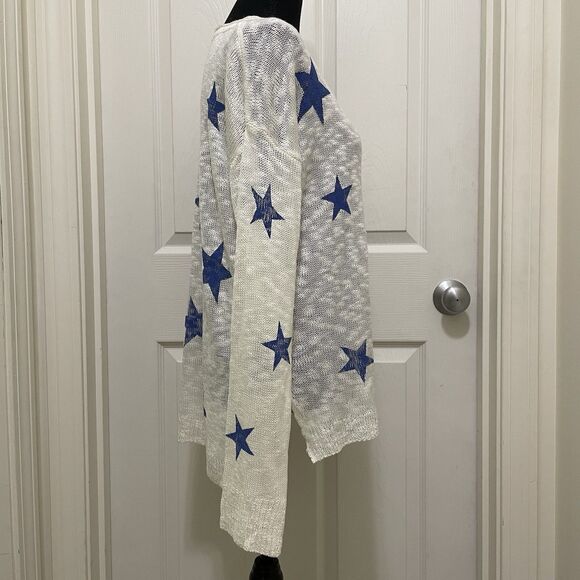 Mia & Tess Sweater Semi Sheer Star Print White Blue Lightweight Women's Large L - Picture 3 of 7